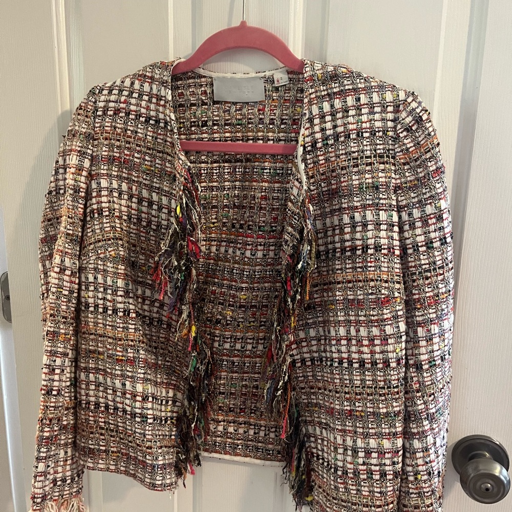 Classic Tweed Silver Metallic Frayed Edges Trim Fitted Open Jacket